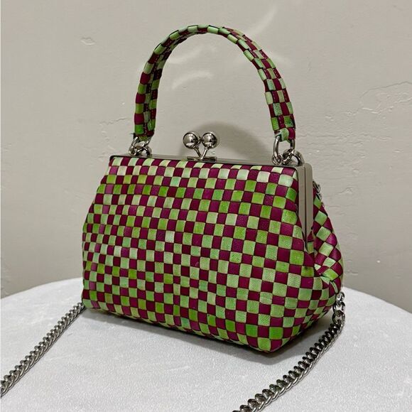 Colocrblock Woven Cowhide Handmade Metal Frame & Kisslock Box Bag,  Crossbody - Picture 1 of 12